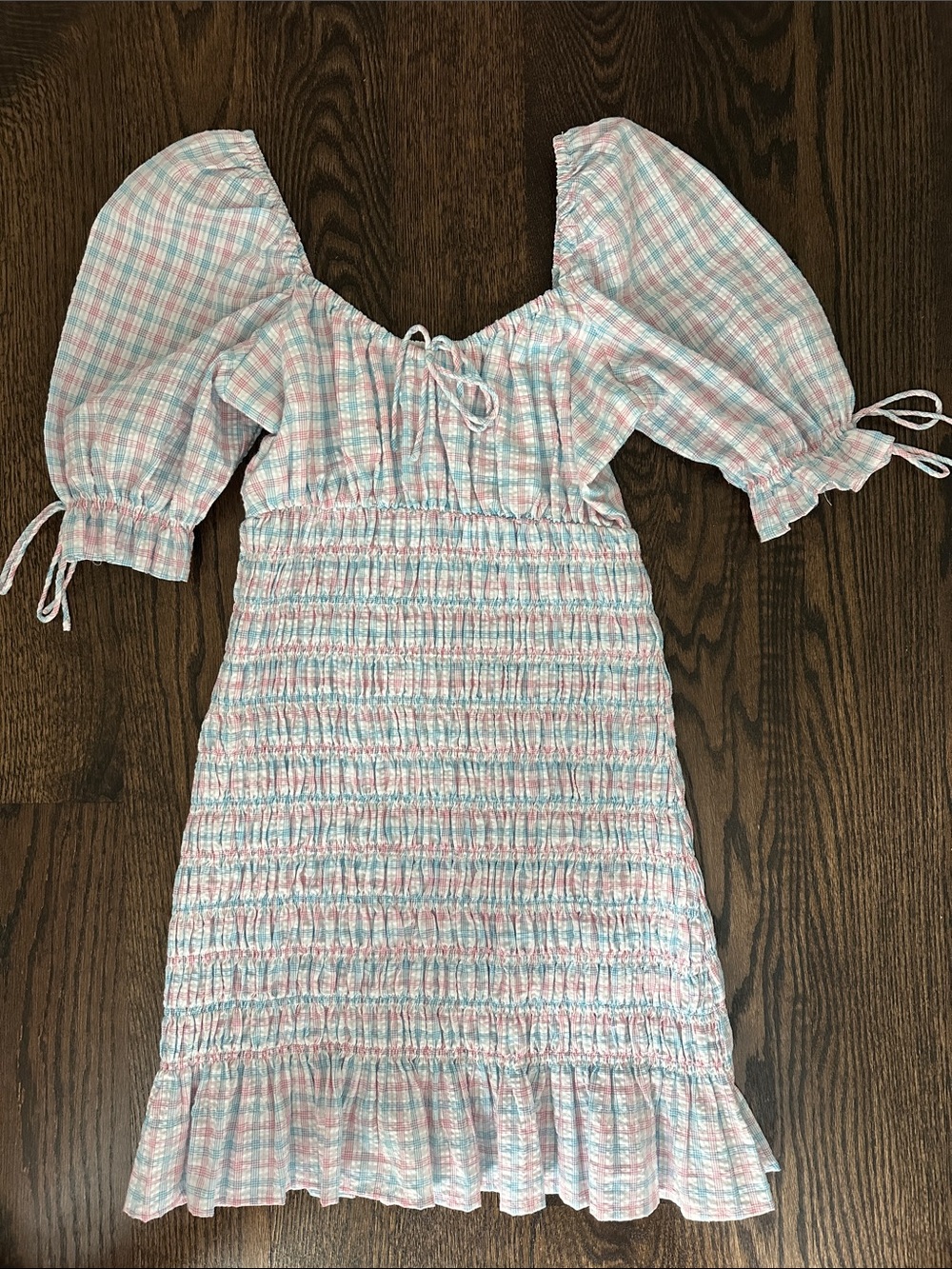 Pink & Light Blue Gingham Smocked Puff-Sleeve Dress